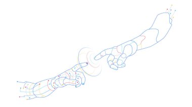 Robot parmakları teknolojik bağlantı konsepti örnekleme arka planına dokunuyor