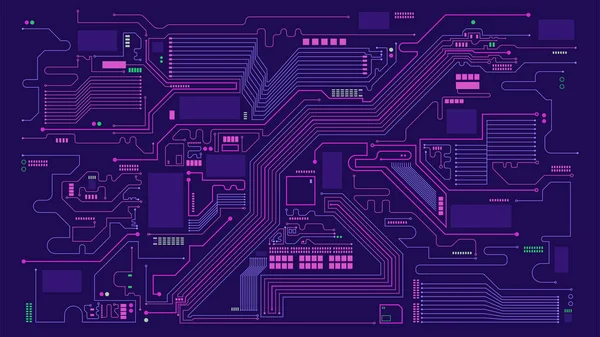 Dijital teknoloji devre kartı neon rengi elementler soyut vektör arkaplanı