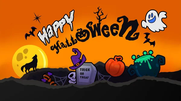 Feliz Carta Halloween Com Bonito Assustador Desenho Animado Ilustração Laranja —  Vetores de Stock