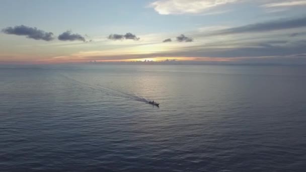 Drone Tracking Small Moving Boat Sea Person Beautiful Sunset Partly — Stock Video