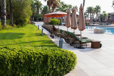 Güneş pansiyonlarıyla havuzdan çıkın. Sabah erkenden. Yaz. Kemer, Türkiye.