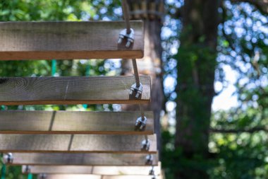 Ormandaki engelli parkurun bir parçası. Olağanüstü bir spor. Yakın plan..