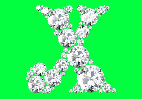 Diamantová abeceda na zeleném pozadí, 3D vykreslování. — Stock fotografie