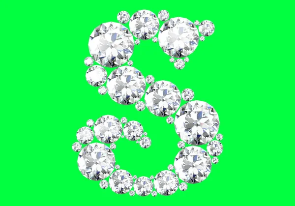 Diamantalfabet på grønn bakgrunn, 3D-gjengivelse . – stockfoto
