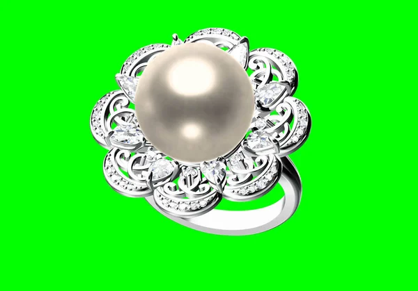 Ehering auf grünem Hintergrund, 3D-Darstellung. — Stockfoto
