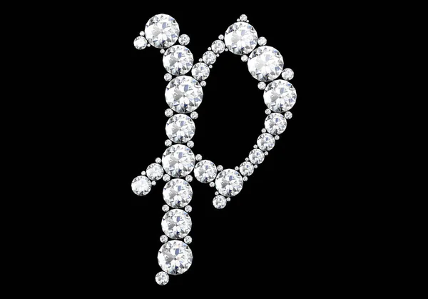 Diamantbuchstaben mit Edelsteinen isoliert auf schwarzem 3D-Rendering — Stockfoto