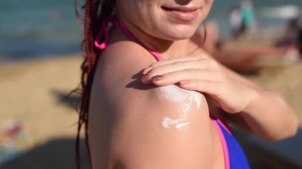 Portrait Beautiful Young Woman Smiling Bikini Smeared Face Sun Protection — Stock Video