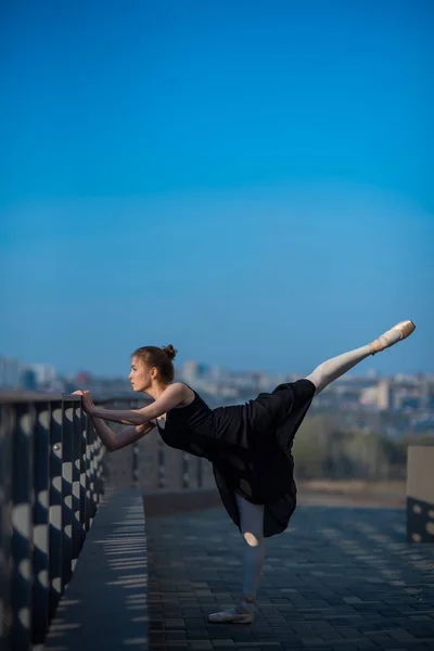 Bailarina en un tutú posando junto a la valla. Hermosa mujer joven en vestido negro y punta bailando al aire libre. Hermosa bailarina realizando un baile al aire libre —  Fotos de Stock