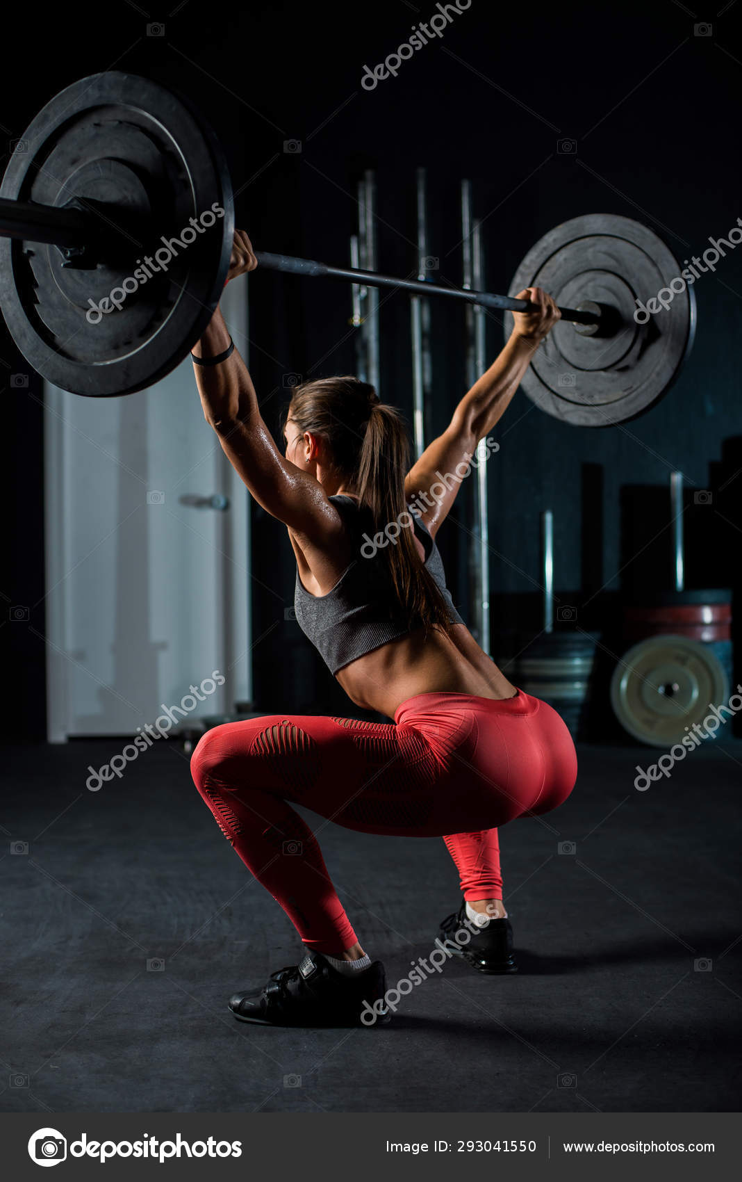 Young, European, muscular girl in red leggings, doing exercise with a barbell in the gym for crossfit. Dark background Stock Photo by ©inside-studio 293041550 Young, European, muscular girl in red leggings, doing exercise with a barbell in the gym for crossfit. Dark background Stock Photo by ©inside-studio 293041550