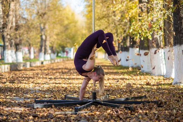 Belle gymnaste faire des tours sur une plate-forme portable dans un beau parc d'automne. femme danse sur une scène de poteau portable sur fond de chute de feuilles d'automne. Pole dance. Une danse étonnante. — Photo