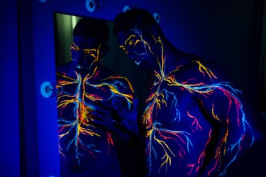 Uv desenleri bir erkek vücut üzerinde dolaşım sisteminin vücut sanatı. Kaslı bir atletin göğsünde, damarlar ve arterler floresan boyalar ile çizilir. Vücut geliştirmeci aynada duruyor.