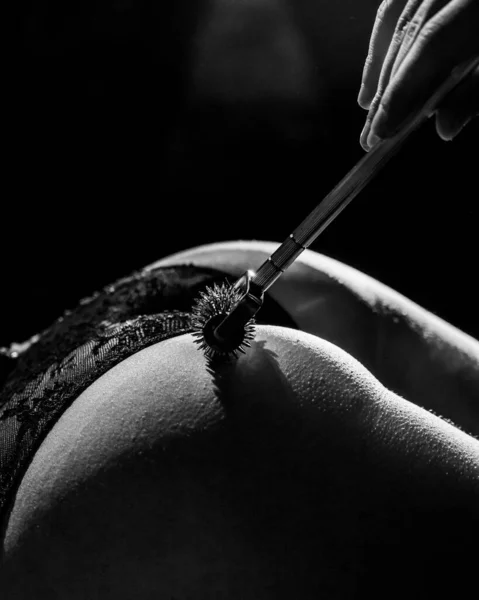 BDSM .Adult toys 18 plus. Role-playing games. Sexual preference. Close up Wartenberg wheel on female buttocks. Wartenberg pinwheel or neurowheel moves on a naked female body. Lacy panties. — Stock Photo, Image