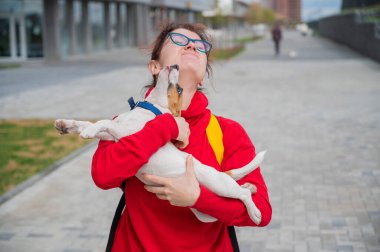 Zeki köpek yavrusu Jack Russell Terrier sokaktaki sahibiyle oynuyor. Safkan bir köpek neşeyle bir kadının yüzünü yalıyor. Enerjik hayvan hareket halinde.