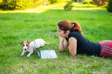 Kızıl saçlı kadın bir parktaki yeşil çimlerin üzerinde bir köpek yavrusuyla yatıyor. Kız sosyal mesafeyi koruyor ve dizüstü bilgisayardan temiz hava videosu izliyor. Bir öğrenci uzaktan bilgisayarla çalışıyor..