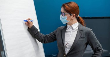 Tıp maskeli bir kadın konferans salonunda bir seminere liderlik ediyor. İşletme koçu ofisteki kağıt beyaz tahtaya yazıyor. Kadın çalışan sosyal mesafeyi korurken sunum yapıyor.