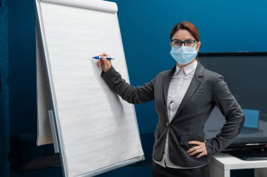 Tıp maskeli bir kadın konferans salonunda bir seminere liderlik ediyor. İşletme koçu ofisteki kağıt beyaz tahtaya yazıyor. Kadın çalışan sosyal mesafeyi korurken sunum yapıyor.