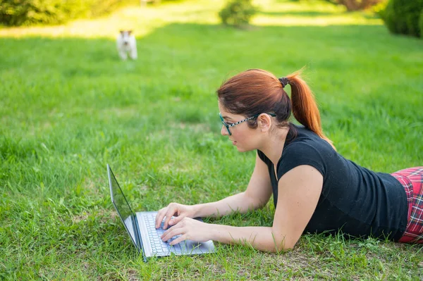 Uma mulher com óculos jaz na grama verde no parque com seu próprio cão. Uma blogueira mantém uma distância social e mantém seu blog ao ar livre. O estudante está estudando remotamente em um laptop . — Fotografia de Stock