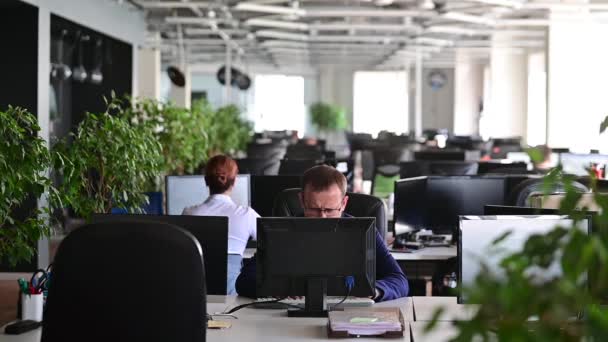 Au ralenti. Un employé de bureau masculin échoue au travail et casse furieusement le clavier sur l'écran. Un homme d'affaires fait une erreur et casse un ordinateur en colère. Répartition nerveuse. — Video