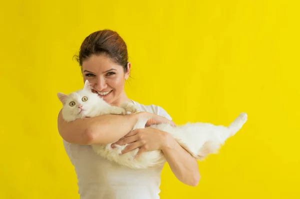 노란 배경에 하얀 고양이를 둔 행복 한 중년의 코카서스 여성. 암컷 주인 은사 랑스럽게 털북숭이 애완 동물을 껴안는다. 애완 동물. — 스톡 사진