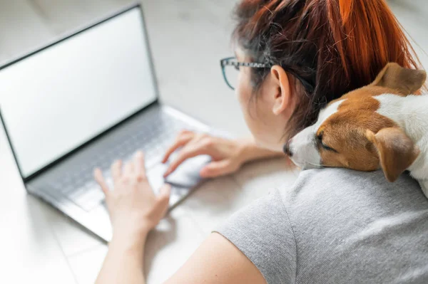 Femme rousse isolée couchée sur le sol avec un chien. La fille maintient une distance sociale et travaille de la maison sur un ordinateur portable. Une étudiante fait ses devoirs. La propagation du coronavirus . — Photo