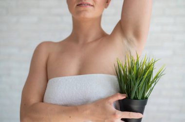 Beyaz havluyla saksıyı tutan yüzü olmayan kadın. Yeşil çalıların yardımıyla tanınmayan bir kız koltuk altı kıllarının bitki örtüsünü taklit ediyor. Depilasyon alanı. Kadın kılları alınıyor..