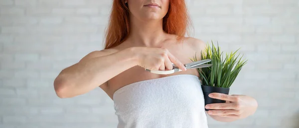 Yakın plan. Kırpılmış. Bir kadın saksıdaki bir bitkiyi makasla kesiyor. Vücuttaki istenmeyen saç bitkisinin çıkarılmasını taklit ediyor. Koltuk altı bölgesinde deplasyon. Tüyleri alındıktan sonra pürüzsüz cilt. — Stok fotoğraf
