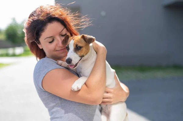 Glad rödhårig kvinna kramar sin lilla hund för en promenad utomhus. Jack Russell Terrier slickar ansiktet på den kvinnliga ägaren. — Stockfoto