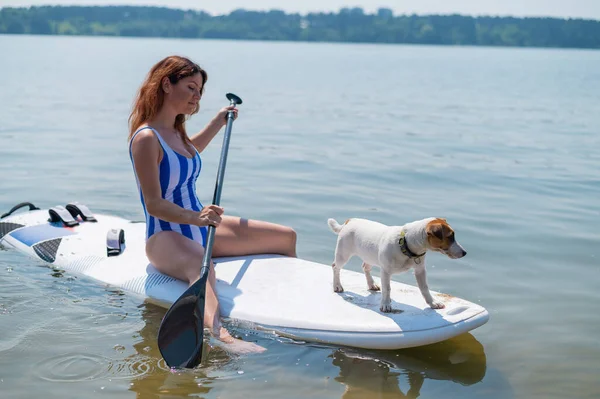 Una mujer está montando una tabla de surf con un perro en el lago. La chica entra a practicar deportes acuáticos con su mascota. —  Fotos de Stock