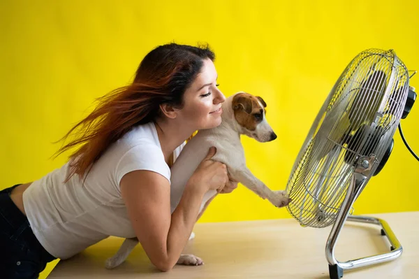 Blanke roodharige vrouw en hond koelen af bij een elektrische ventilator. — Stockfoto