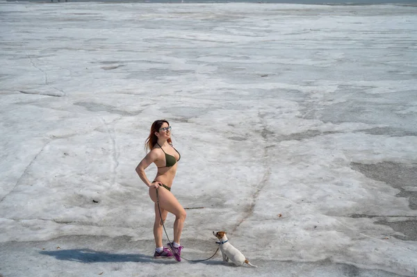 Rudowłosa kobieta w bikini spaceruje z psem na zaśnieżonej plaży — Zdjęcie stockowe
