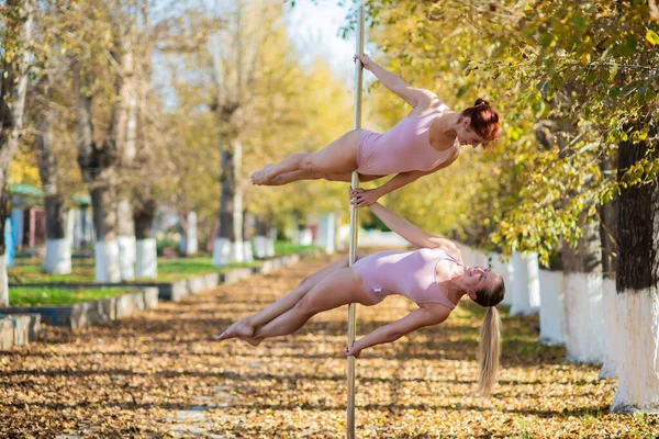 Deux beaux gymnastes font des tours de paire sur une plate-forme portable dans un beau parc d'automne. Deux amis dans le même corps dansent sur une scène de pole portable dans le contexte de la chute des feuilles d'automne. Polonais — Photo