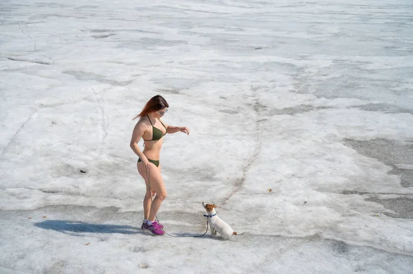En rödhårig kvinna i bikini går med en hund på en snöig strand — Stockfoto