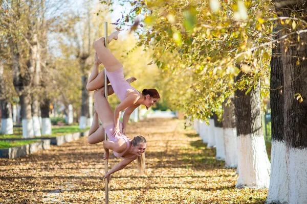 Deux beaux gymnastes font des tours de paire sur une plate-forme portable dans un beau parc d'automne. Deux amis dans le même corps dansent sur une scène de pole portable dans le contexte de la chute des feuilles d'automne. Polonais — Photo