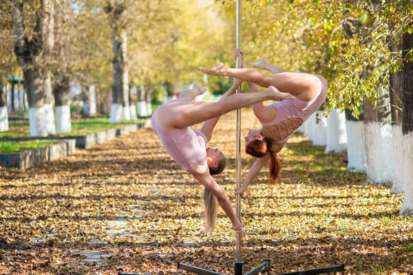 Deux beaux gymnastes font des tours de paire sur une plate-forme portable dans un beau parc d'automne. Deux amis dans le même corps dansent sur une scène de pole portable dans le contexte de la chute des feuilles d'automne. Polonais — Photo