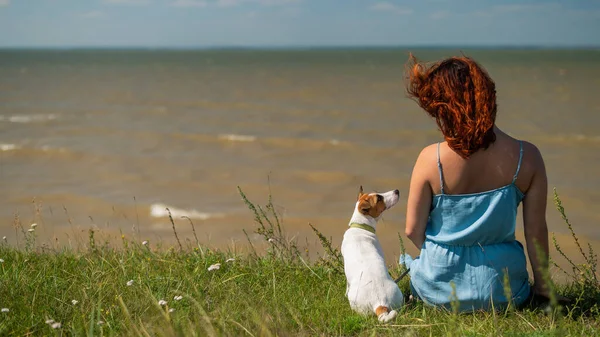 Вид сзади на сидящую женщину на берегу реки с собакой. Девушки проводят выходные на природе с домашним животным. — стоковое фото