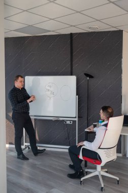 Beyaz bir kurulda iş tartışan iki beyaz adam.