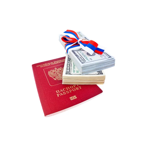 Stacks American Dollars Russian Flag Ribbon Passport Isolated White Background — Stock Photo, Image