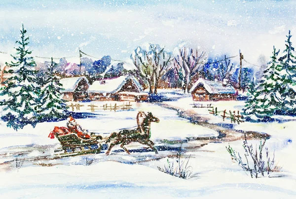 Aquarela Pintura Ano Novo Inverno Willage Paisagem Com Papai Noel — Fotografia de Stock