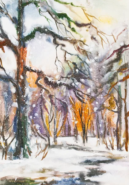 Akvarellmålning Vinterlandskap Med Nakna Träd — Stockfoto