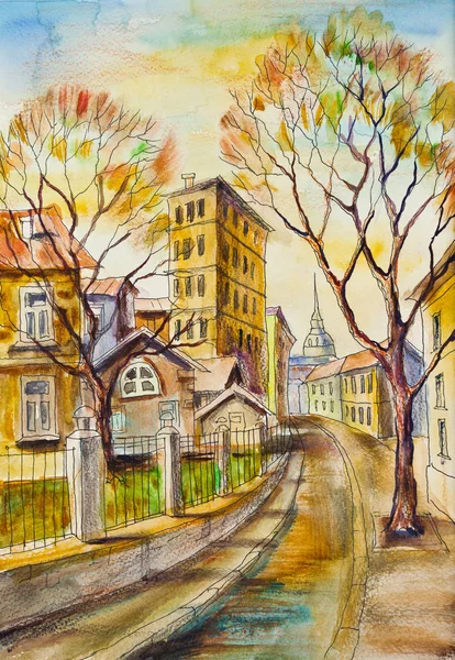 Akvarellmålning Hösten Stad — Stockfoto