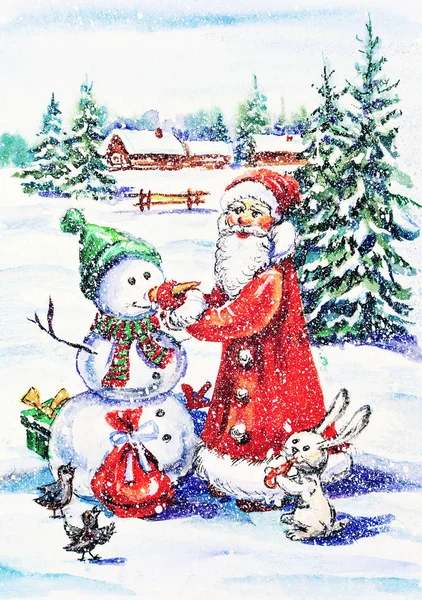 Akvarellmålning Rolig Nyår Vykort Med Snögubbe Och Santa — Stockfoto