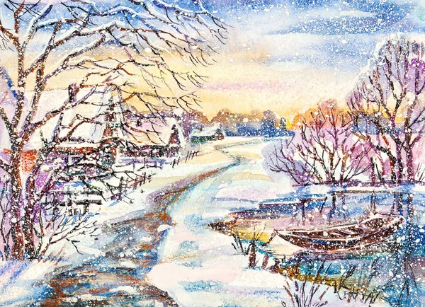 水彩画 俄罗斯冬季乡村景观与冰封池塘 — 图库照片