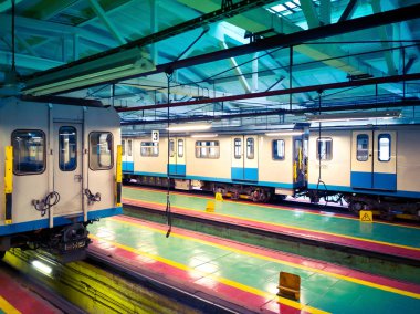Moskova, Rusya - 5 Ocak 2019: Trenler stand depo Moskova metropolitan binasının bakım altında
