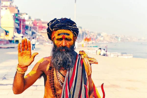 Varanasi Uttar Pradesh Índia Janeiro 2019 Sadhu Recebe Você Ghats — Fotografia de Stock