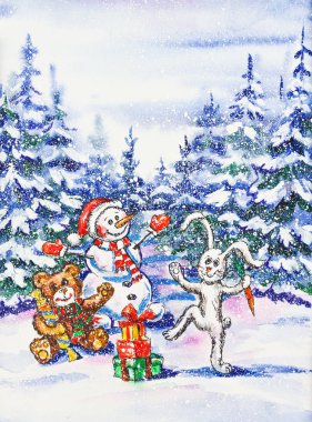 suluboya boyama: komik kardan adam ve hediyeler ile Yeni Yıl kartpostal