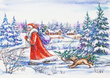 suluboya boyama: Santa ve çalışan köpek ile Yeni Yıl kartpostal