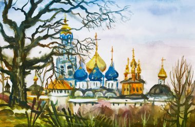 Suluboya boyama: St Sergius Trinity Lavra görünümü ile Sonbahar kırsal peyzaj (Sergiyev Posad, Moskova Bölgesi, Rusya)