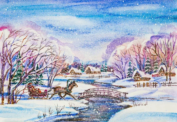 Aquarell Winterdörfliche Landschaft Mit Weihnachtsmann Schlitten — Stockfoto