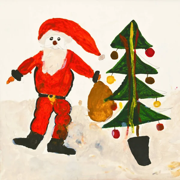 Aquarelle Pour Enfants Dessin Drôle Père Noël Avec Arbre Noël — Photo