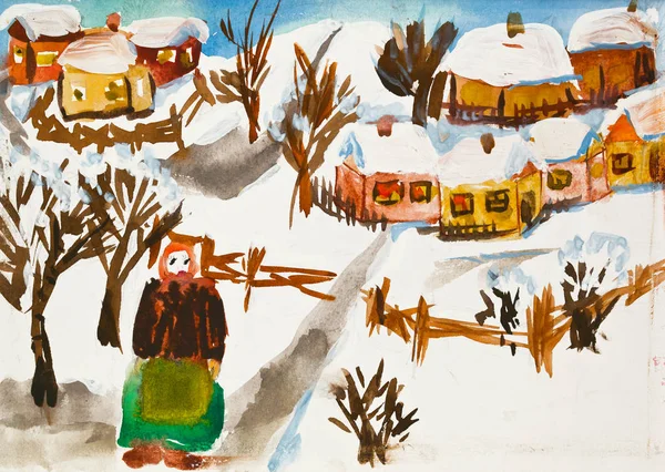 Children Watercolor Drawing Winter Village Landscape Elderly Woman Road — Stockfoto
